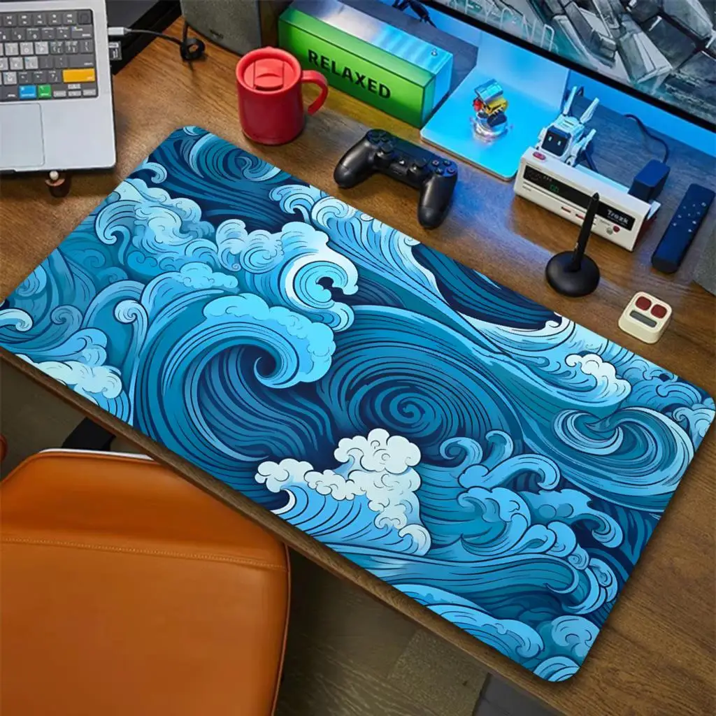 Gaming Accessories For Your Desk - Japanese Blue Waves Mouse Pad Desk